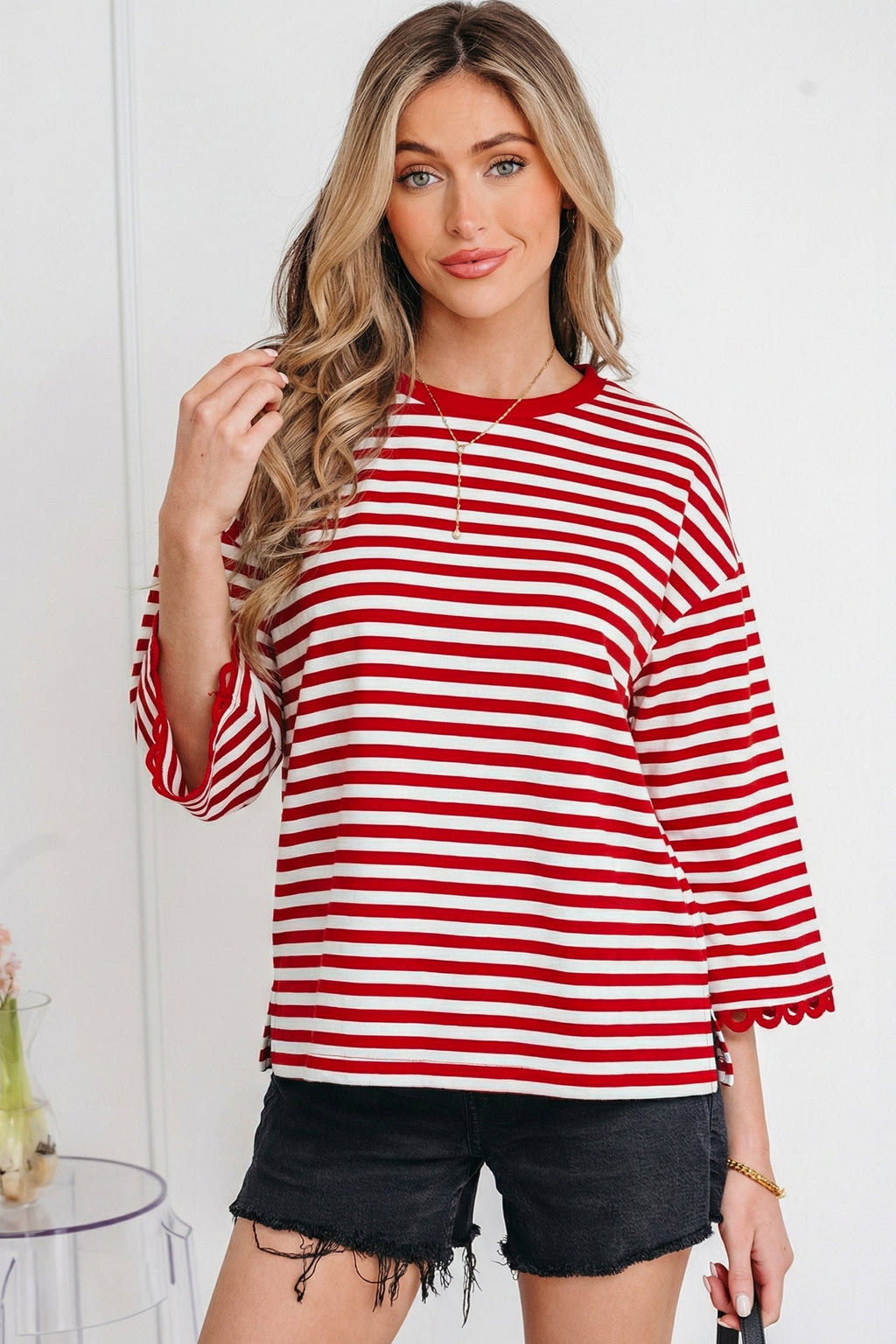 Racing Red Striped Print Drop Shoulder Lace Trim Bracelet Sleeve Loose Top