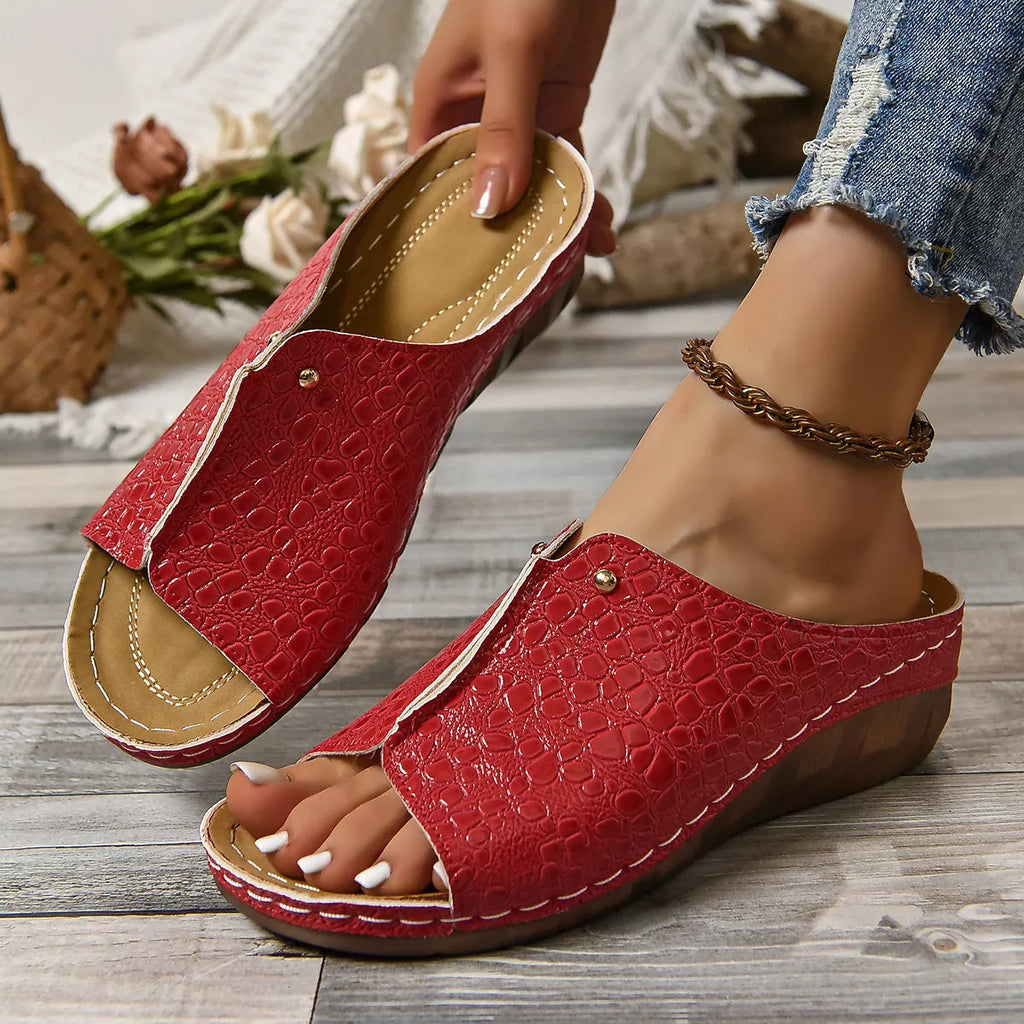 Crocodile-Embossed Wedge Sandals