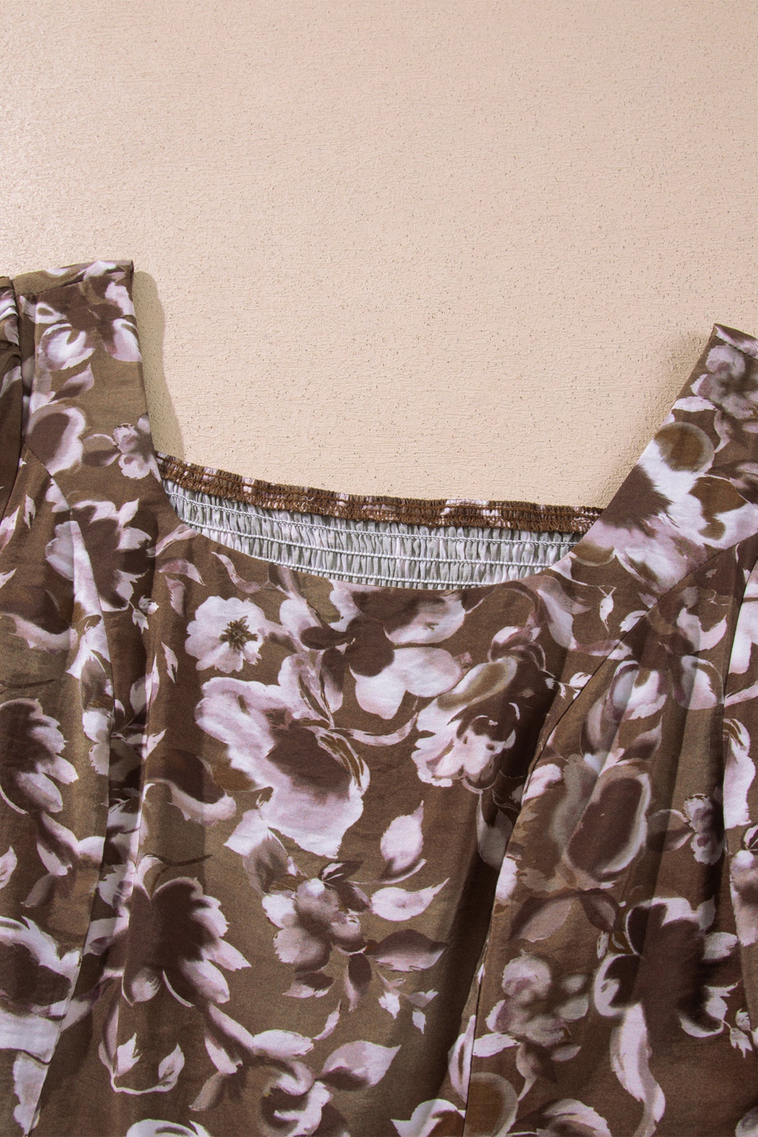 Brown Abstract Floral Print Square Neck Long Sleeve Mini Shift Dress
