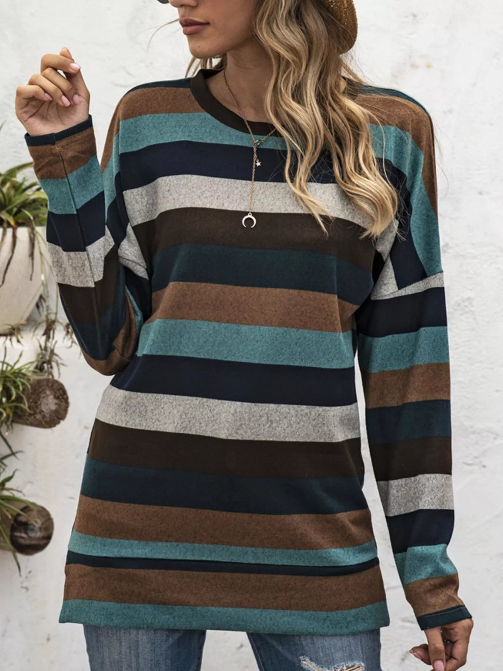 Full Size Casual Striped Long Sleeve Crew Neck Top Plus Size