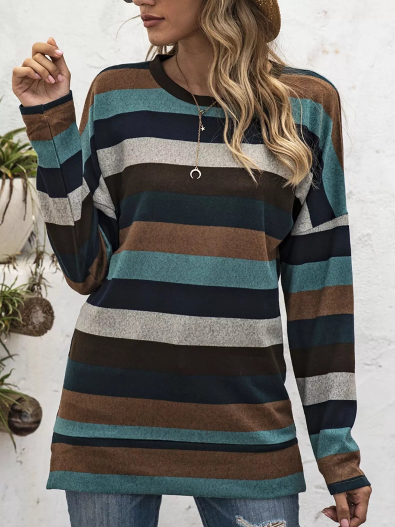 Full Size Casual Striped Long Sleeve Crew Neck Top Plus Size