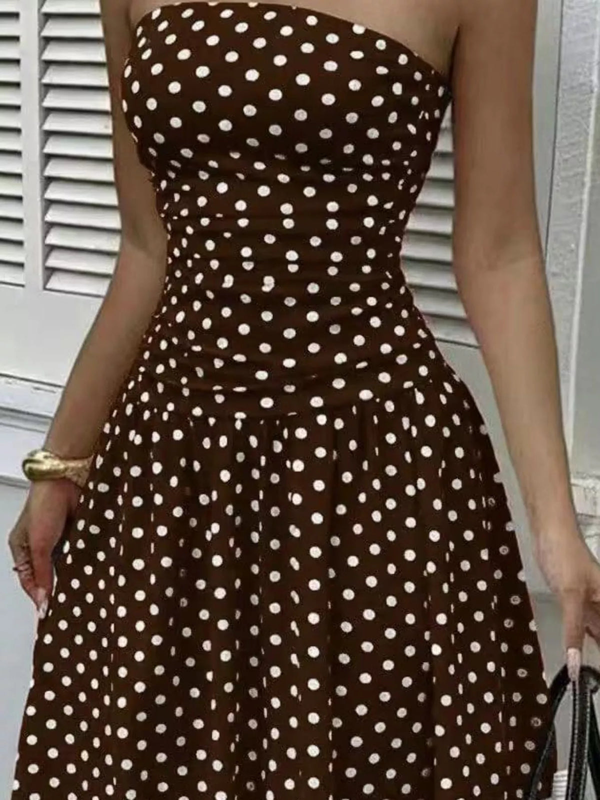 Strapless Polka Dot Ruched Maxi Dress