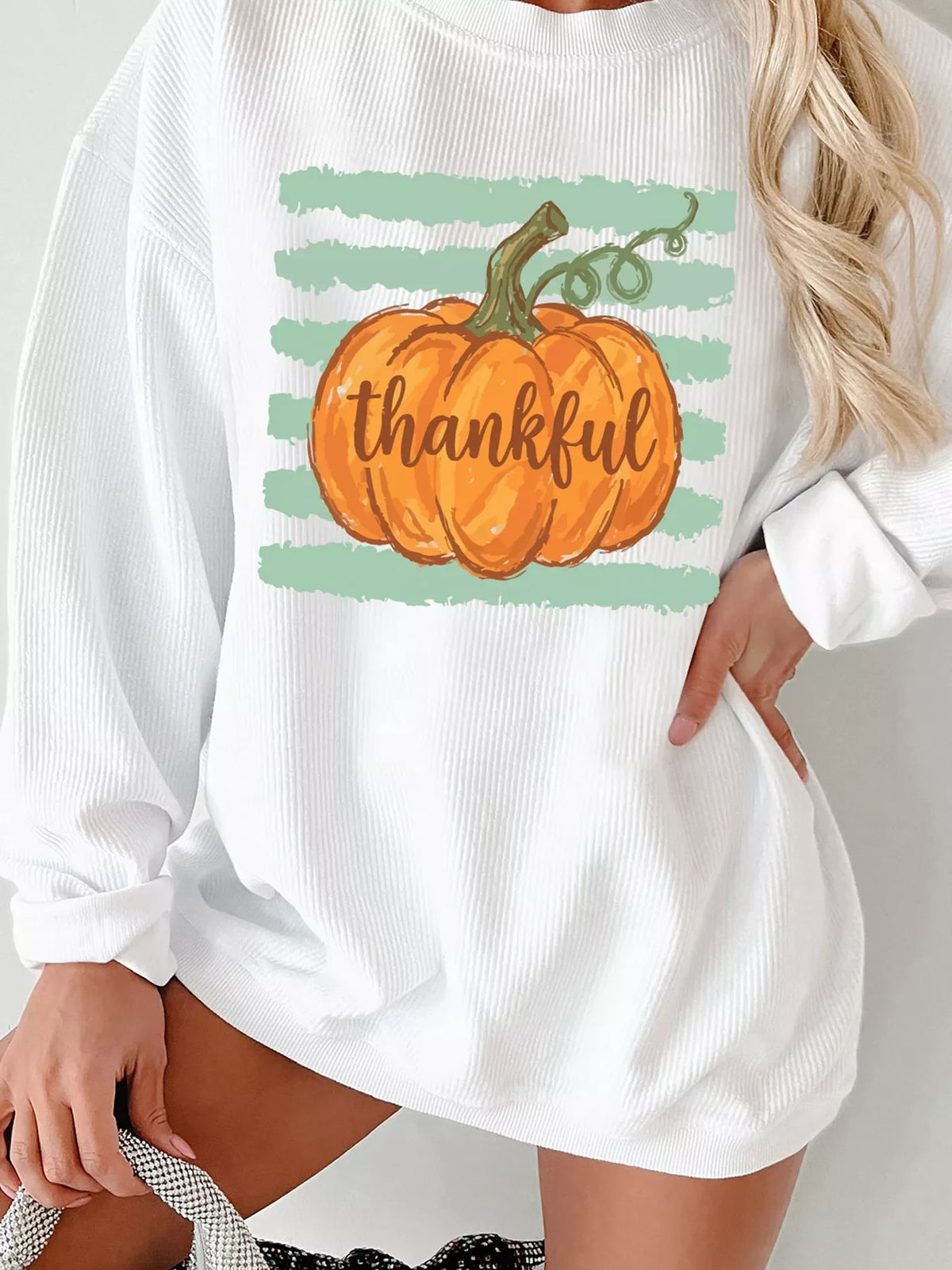 Thankful Pumpkin Ribbed Tunic Pullover Sweatshirt
