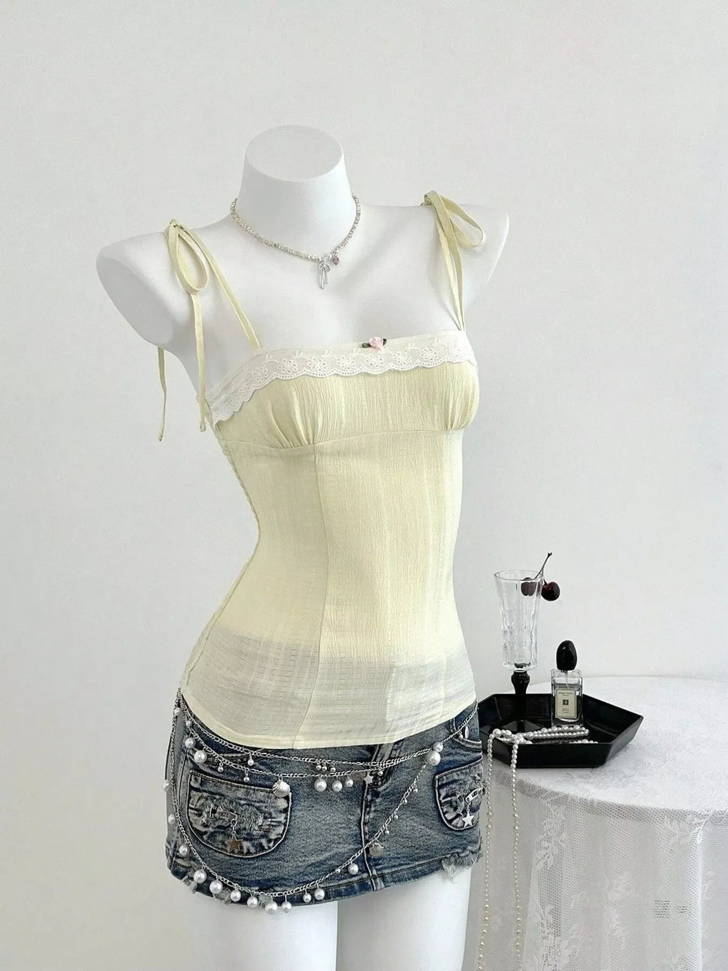 Lace-Trimmed Tie Shoulder Cami