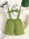 Children's Bunny Print Shirt with Suspender Shorts Set