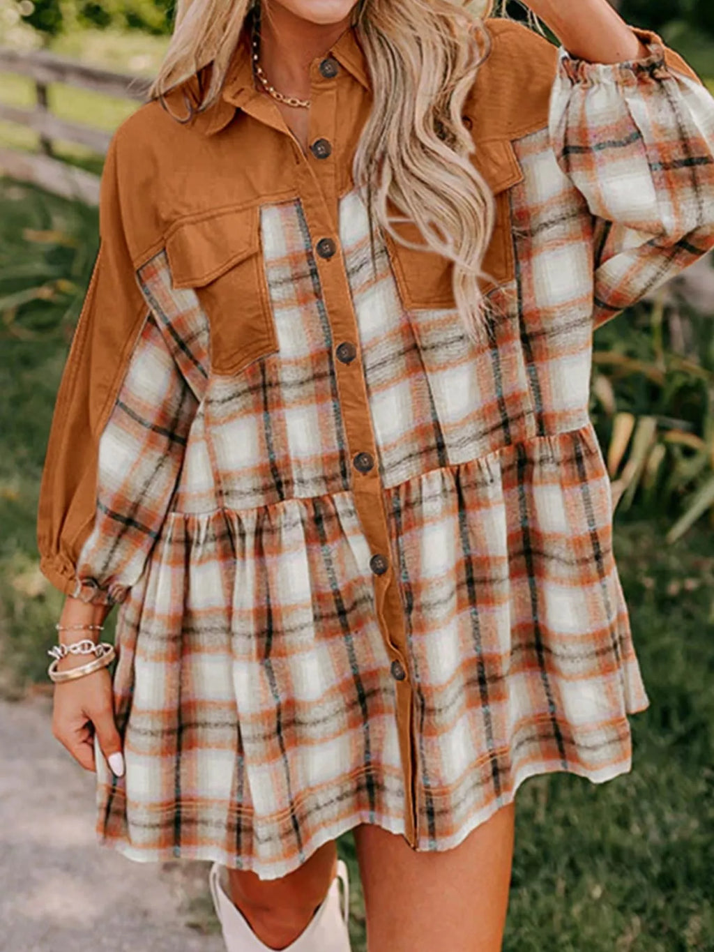Plaid Button Front Long Sleeve Mini Dress