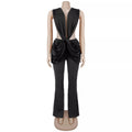 Deep V-Neck Knot-Front Flare Leg Jumpsuit