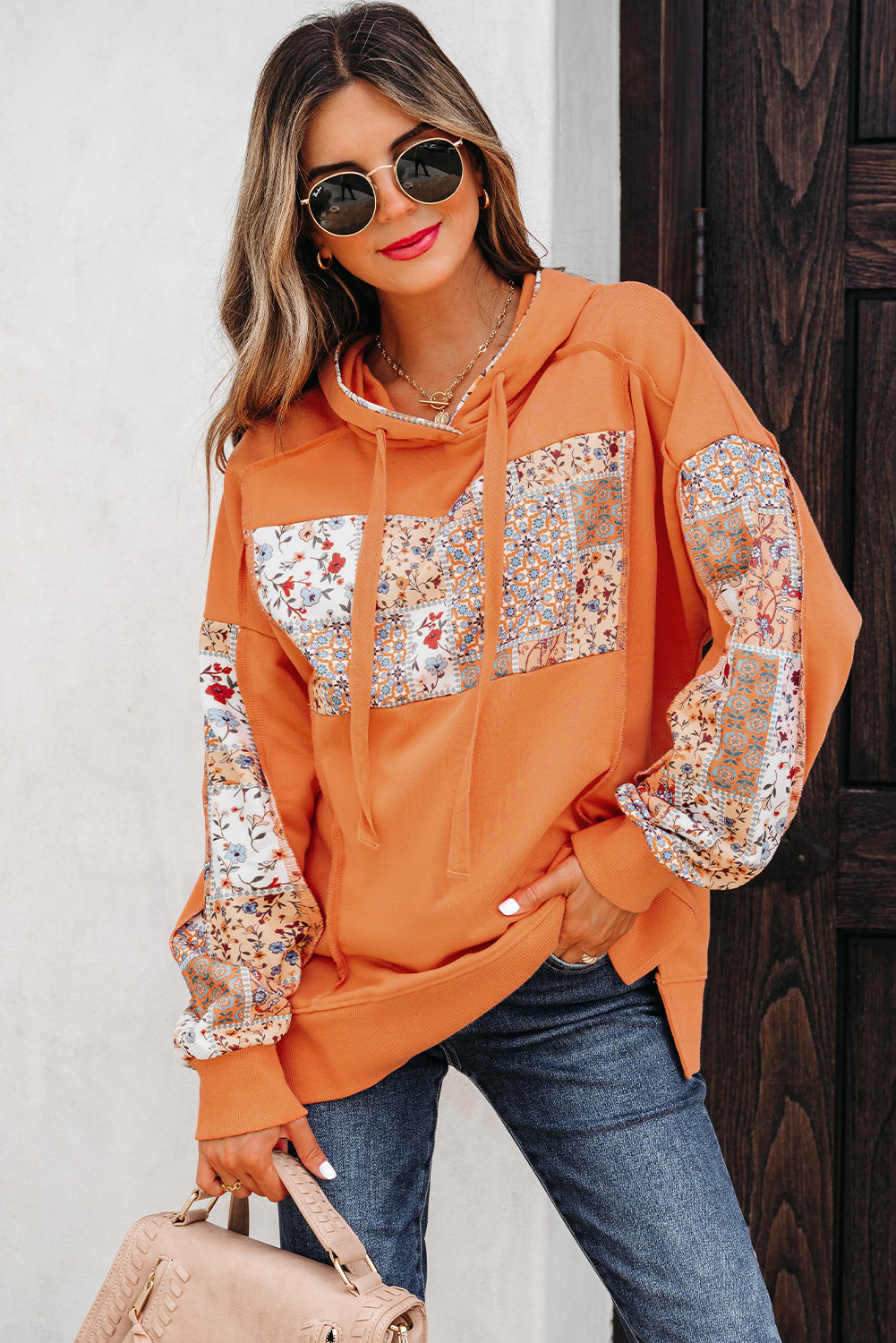 Flamingo Mix Floral Patchwork Side Slit Drawstring Hoodie