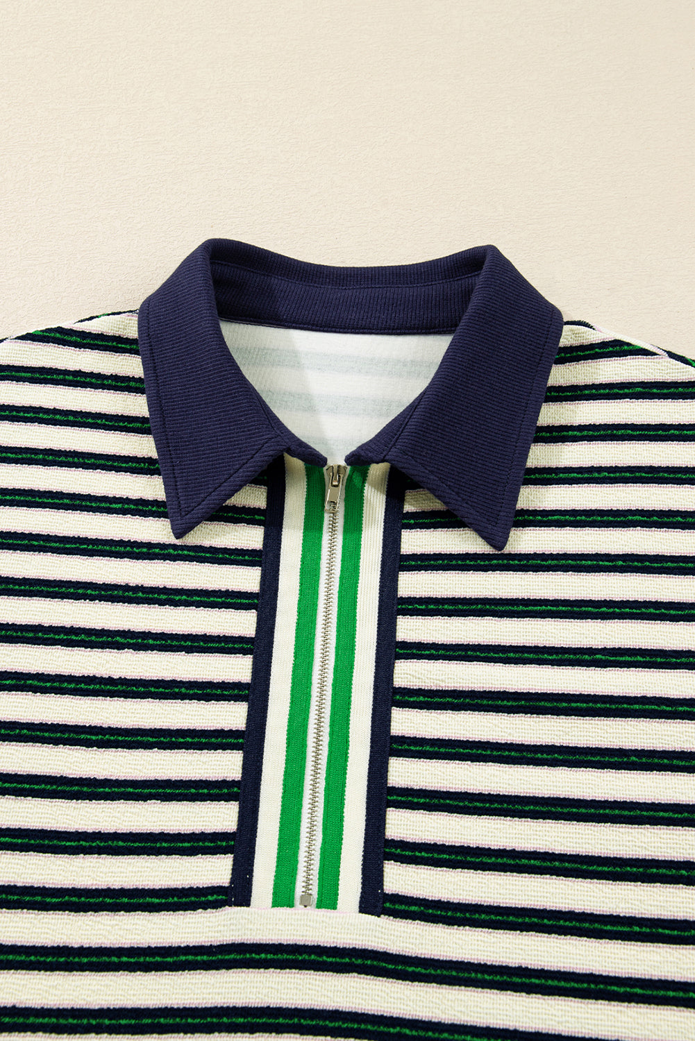 Stripe Contrast Zip Collared V-Neck Long Sleeve Top
