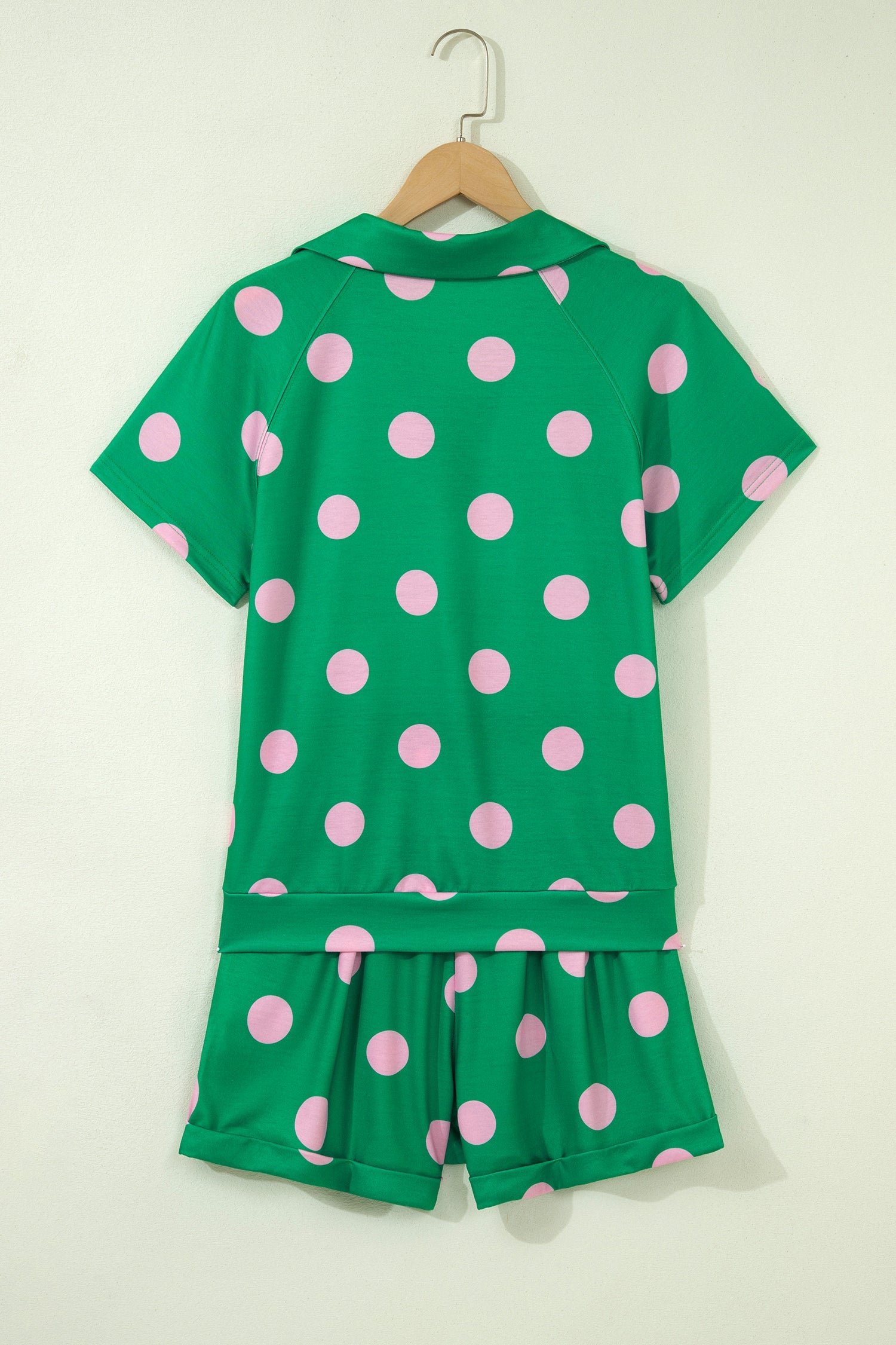 Pink Polka Dot Print V Neck Tee Short Set