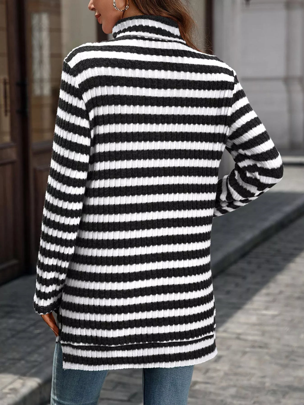 Striped Ribbed Knit Turtleneck Long Sleeve T-Shirt