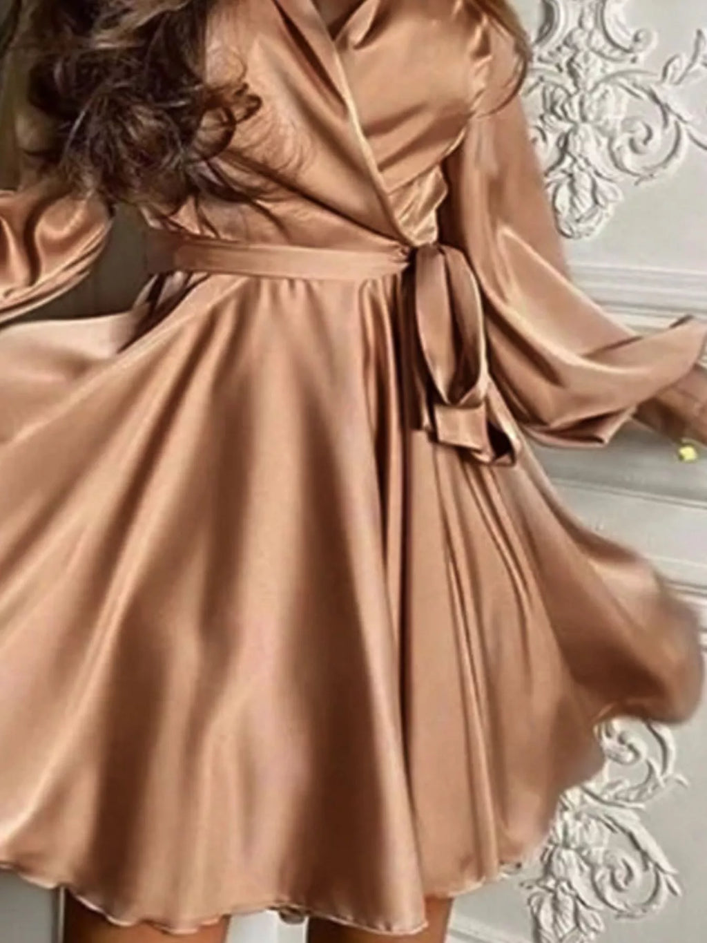 Satin Surplice Long Sleeve Mini Dress