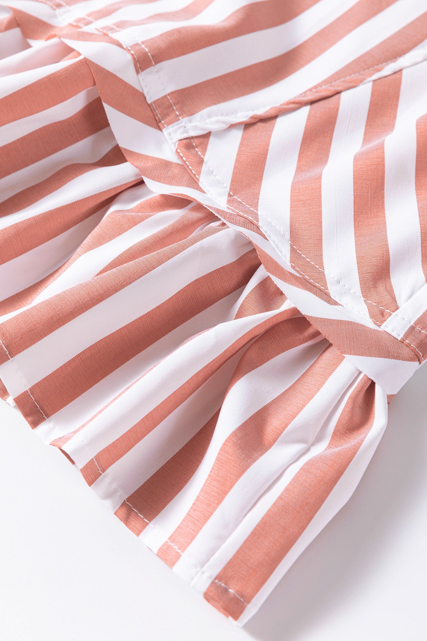 Khaki Stripe Collar Button Front Bracelet Sleeve Ruffle Hem Shirt