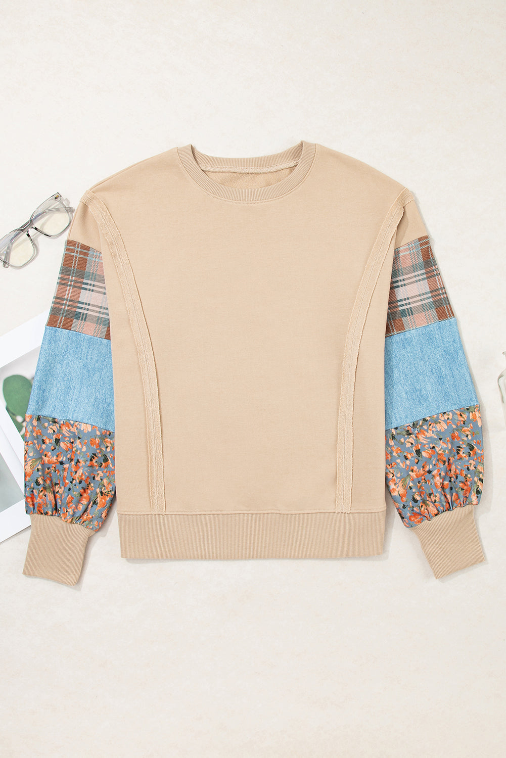 Smoke Gray Plaid Colorblock Patchwork Sleeve Raw Seam Sweatshirt