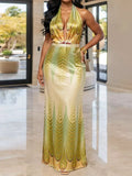 Elegant Halter Neck Maxi Dress with Gradient Leaf Print