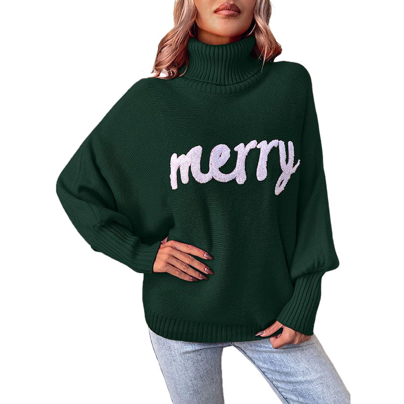 European And American Cross-border Christmas Turtleneck Women's Clothing Amazon Autumn And Winter Loose Bat Sleeve Outerwear Knitted Top Women