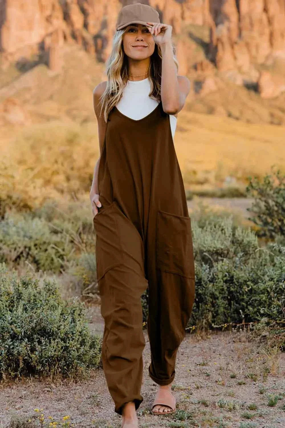 V-Neck Sleeveless Stretch Jumpsuit with Side Pockets