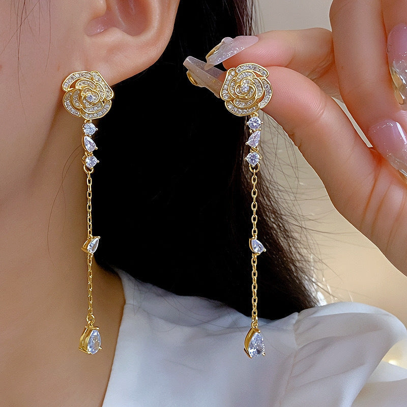 Womens Floral Rhinestone Inlaid Long Tassel Drop Earrings,Costume Earrings For Daily Banquet Party Wear