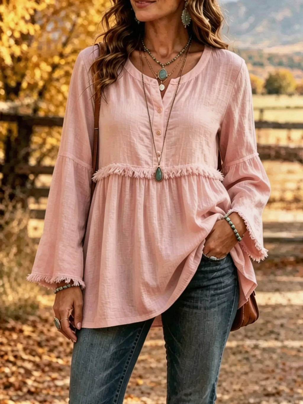 Full Size Fringed Button Detail Blouse Plus Size