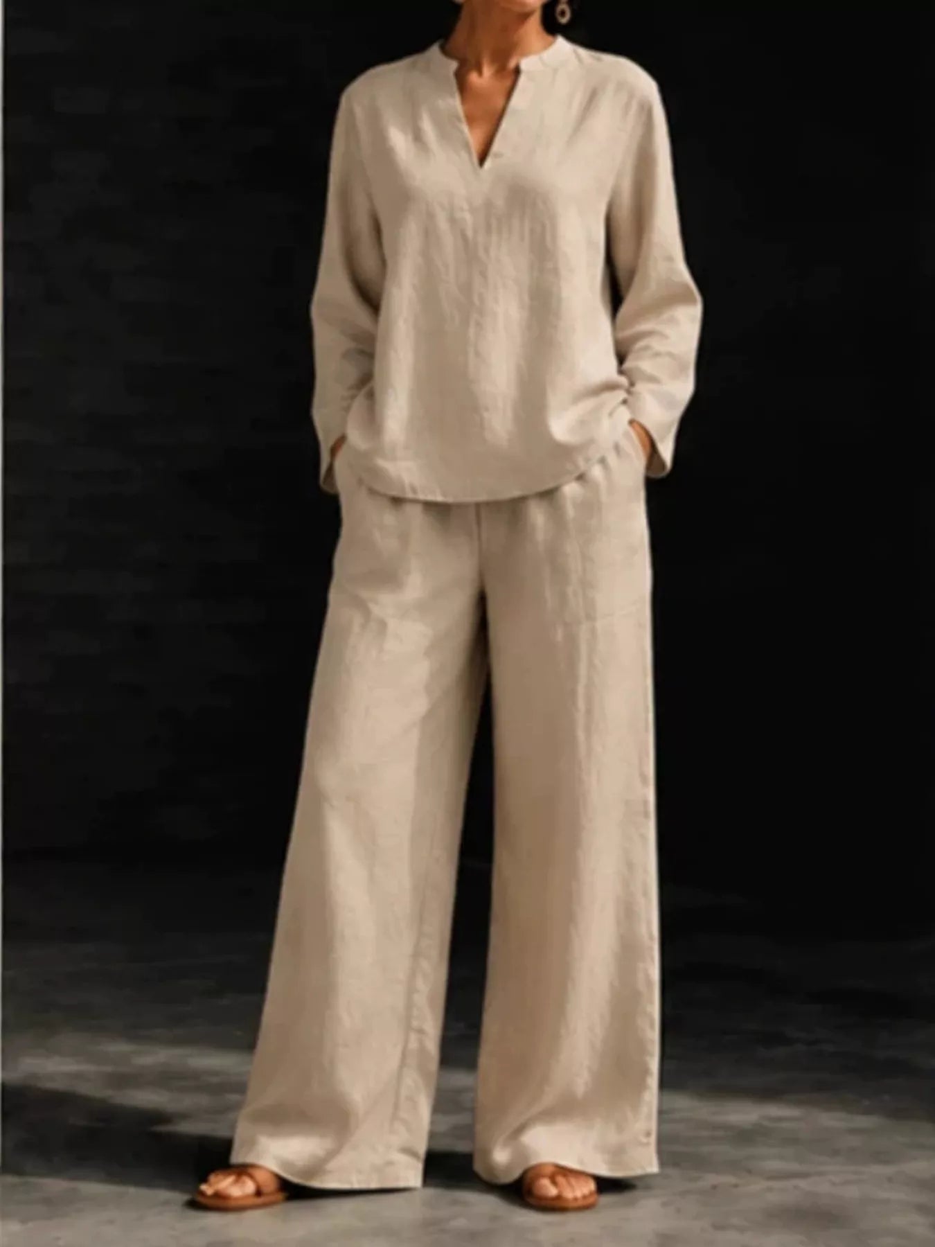 Notched Long Sleeve Top and Pants Set