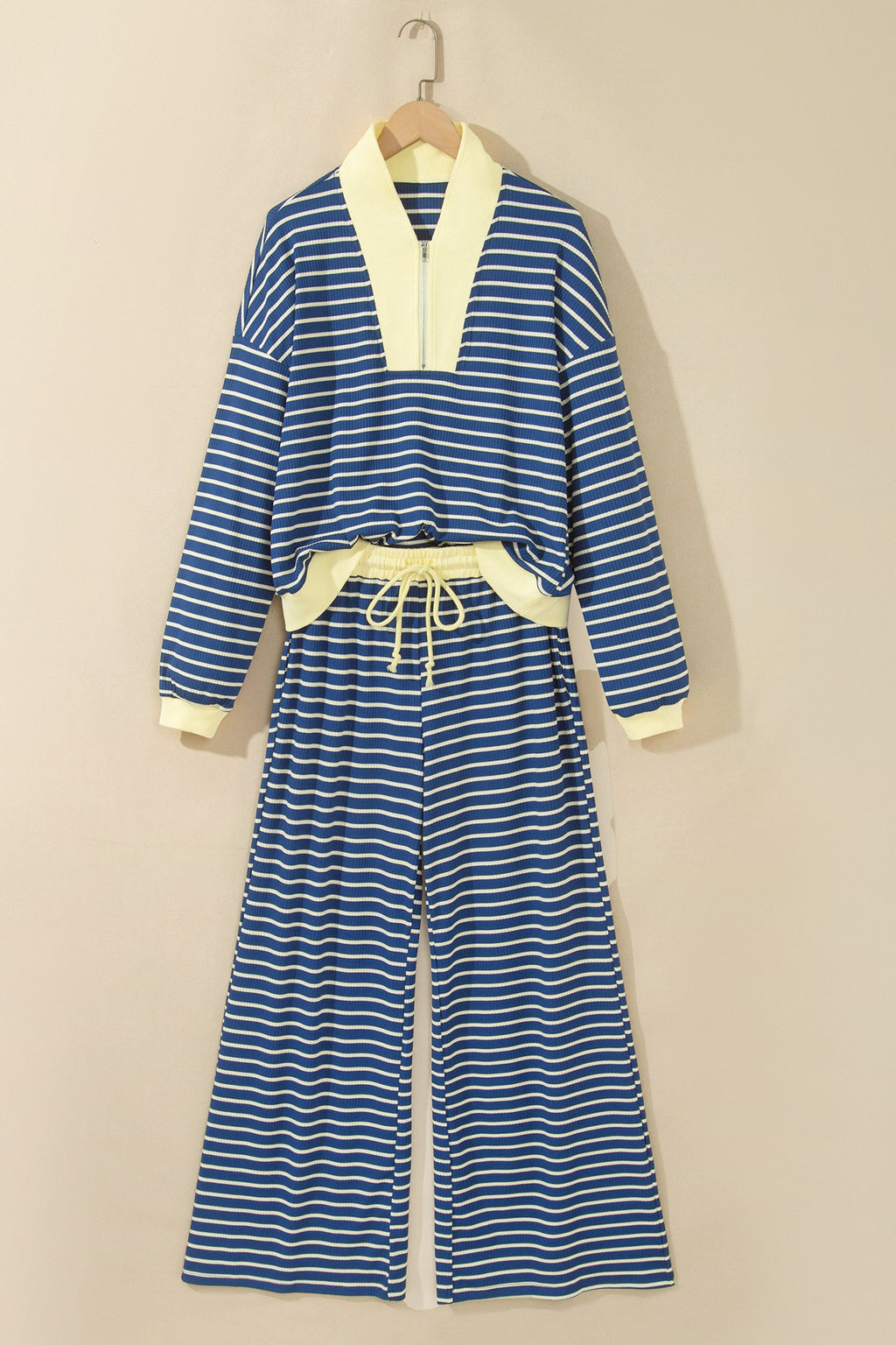 Blue Stripe Color Block Patchwork Zip V Neck Pullover Loose Pants 2pcs Set