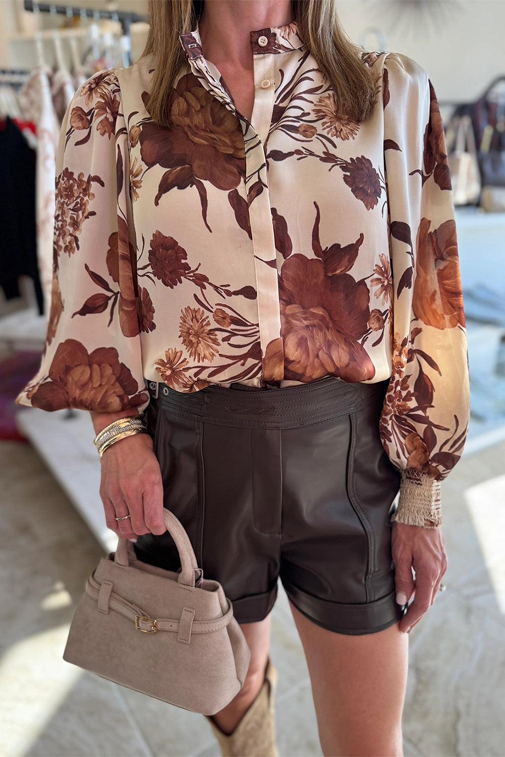 Brown Floral Print Button Down Poet Sleeve Shirt