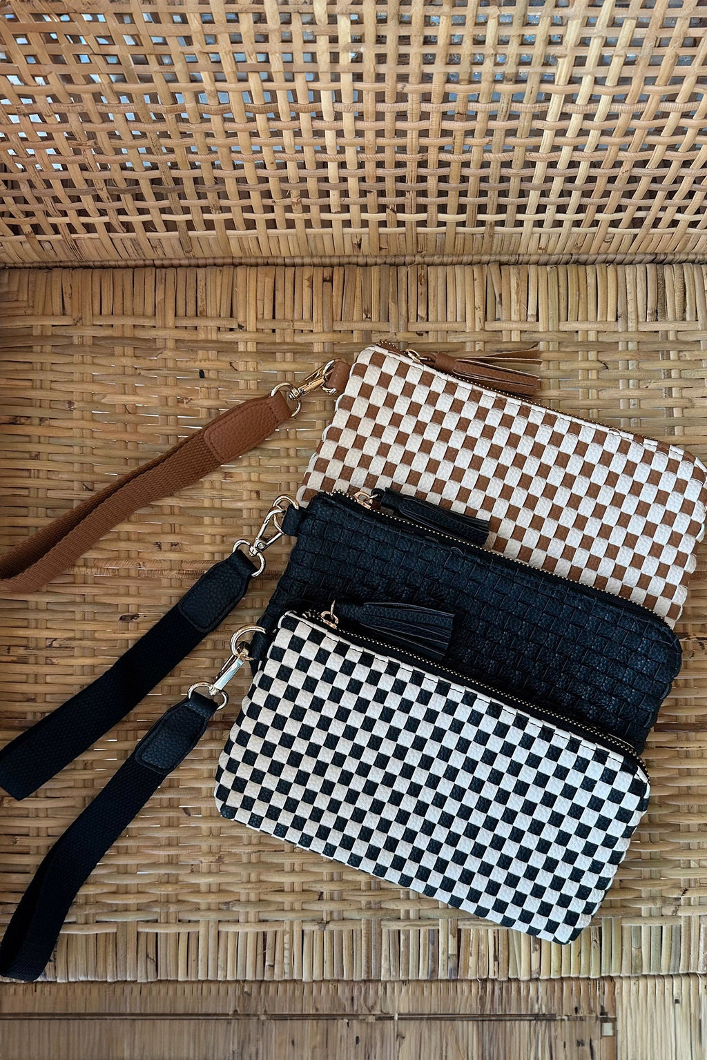 Chestnut Checkered  Woven Clutch Wristlet PU Leather Large Size Patterned Wallet