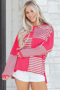 Pink Stripe Color Block Patchwork Drop Shoulder Long Sleeve Tunic Top