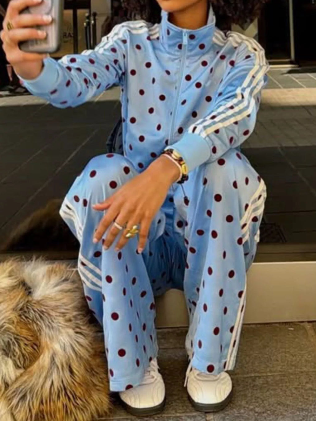 Polka Dot Side Striped Outerwear and Pants Set