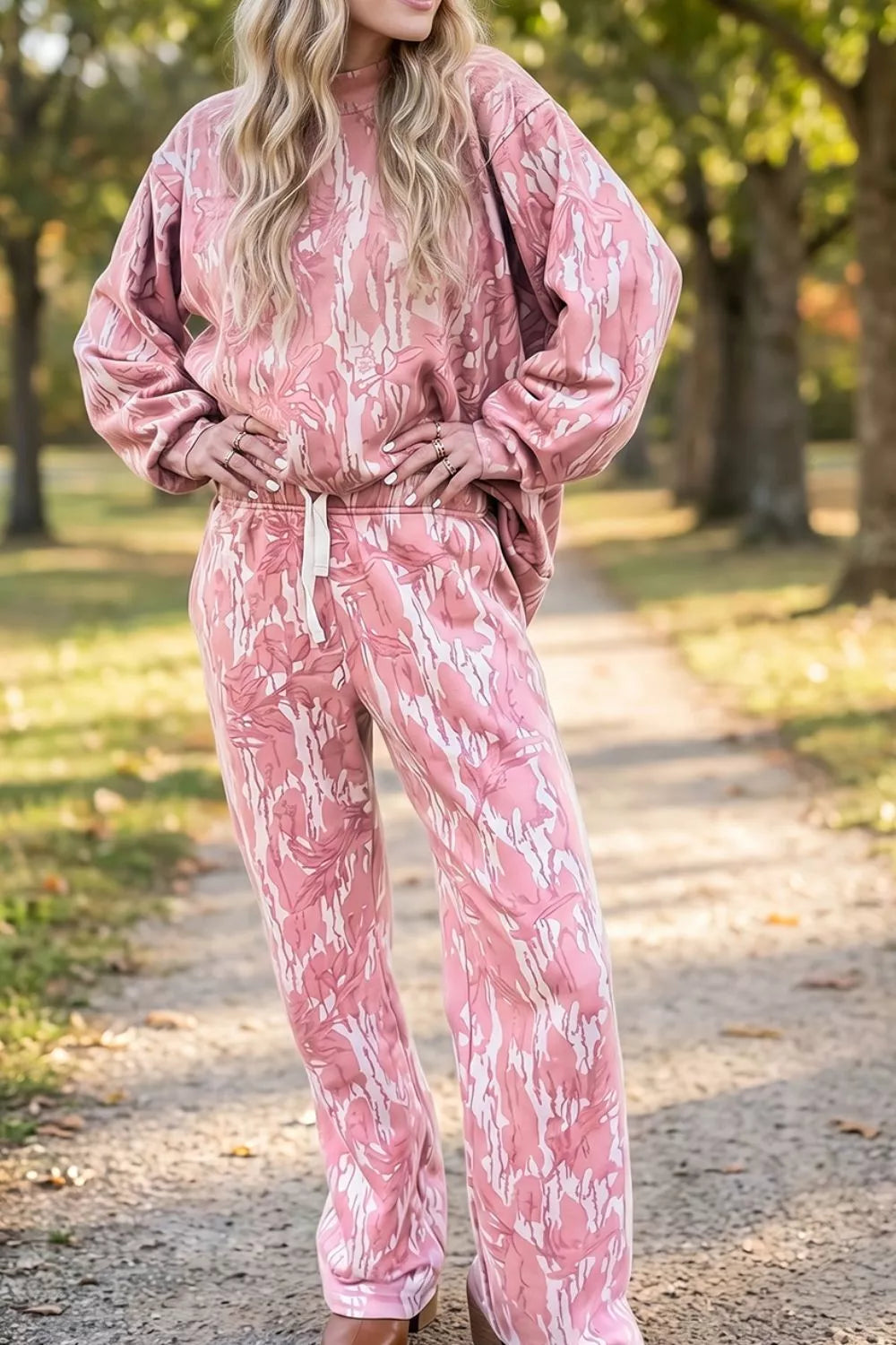 Multicolour Abstract Botanical Print Top and Drawstring Pants Set
