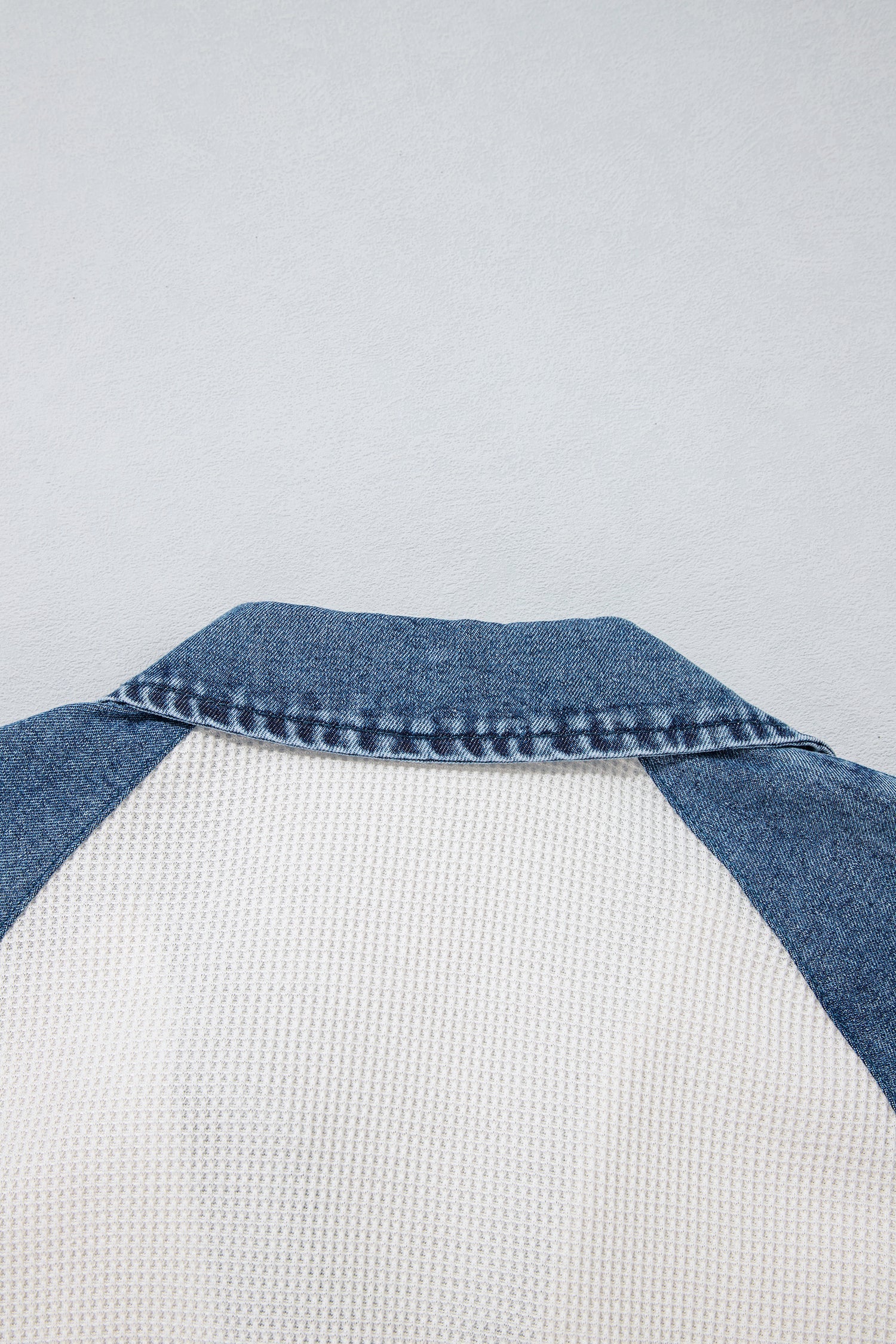 White Textured Color Block Denim Patchwork Polo Collar Tee