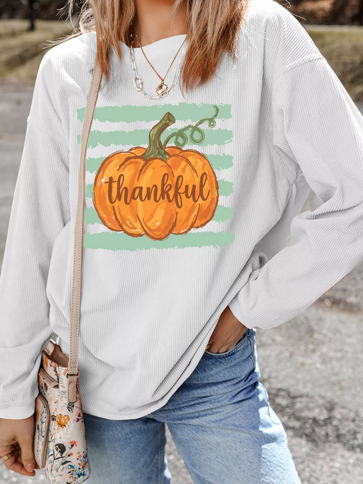 Thankful Pumpkin Ribbed Tunic Pullover Sweatshirt