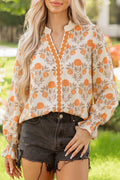 Orange Floral Print Contrast Detail V Neck Long Sleeve Blouse