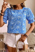 Sky Blue Eyelet Flower Embroidery Frilled Short Puff Sleeve Blouse