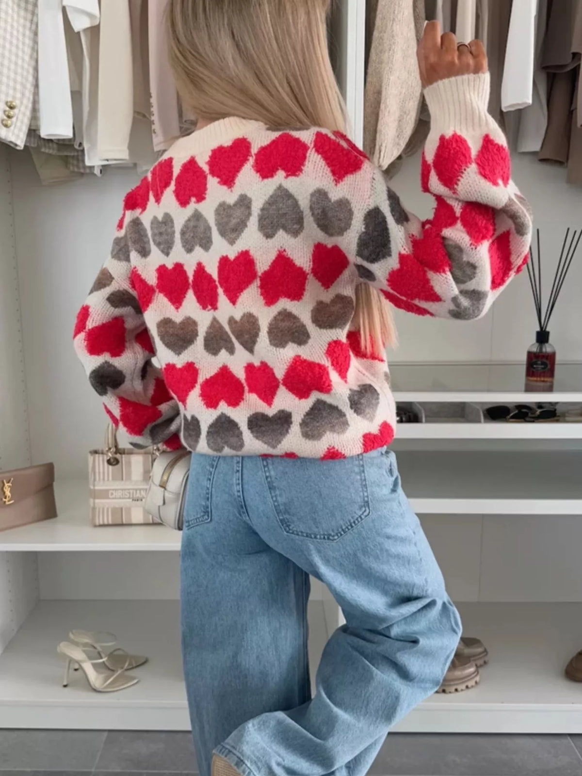 Heart-Patterned Round Neck Sweater