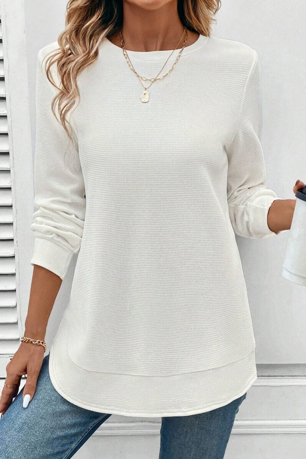Solid Waffle Knit Long Sleeve Top