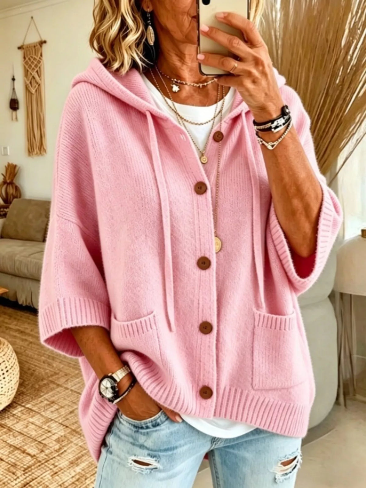 Full Size Hooded Button-Down Knit Cardigan Plus Size