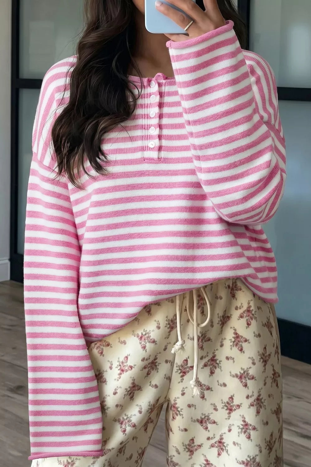 Striped Button Placket Drop Shoulder Long Sleeve Sweater