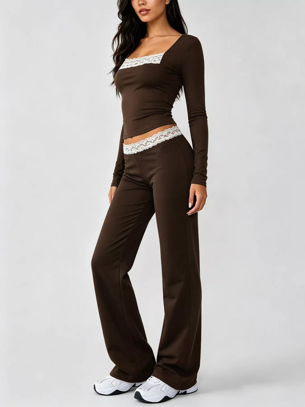 Long Sleeve Lace Trim Crop Top and Wide Leg Pants Set