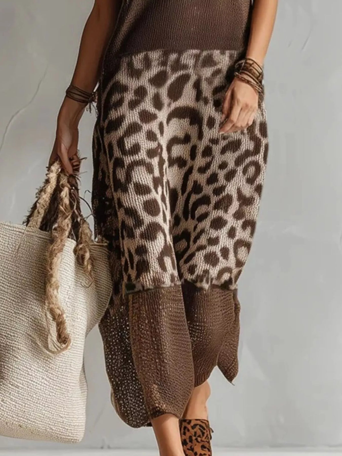 Full Size Sleeveless Color-Block Leopard Sweater Dress Plus Size