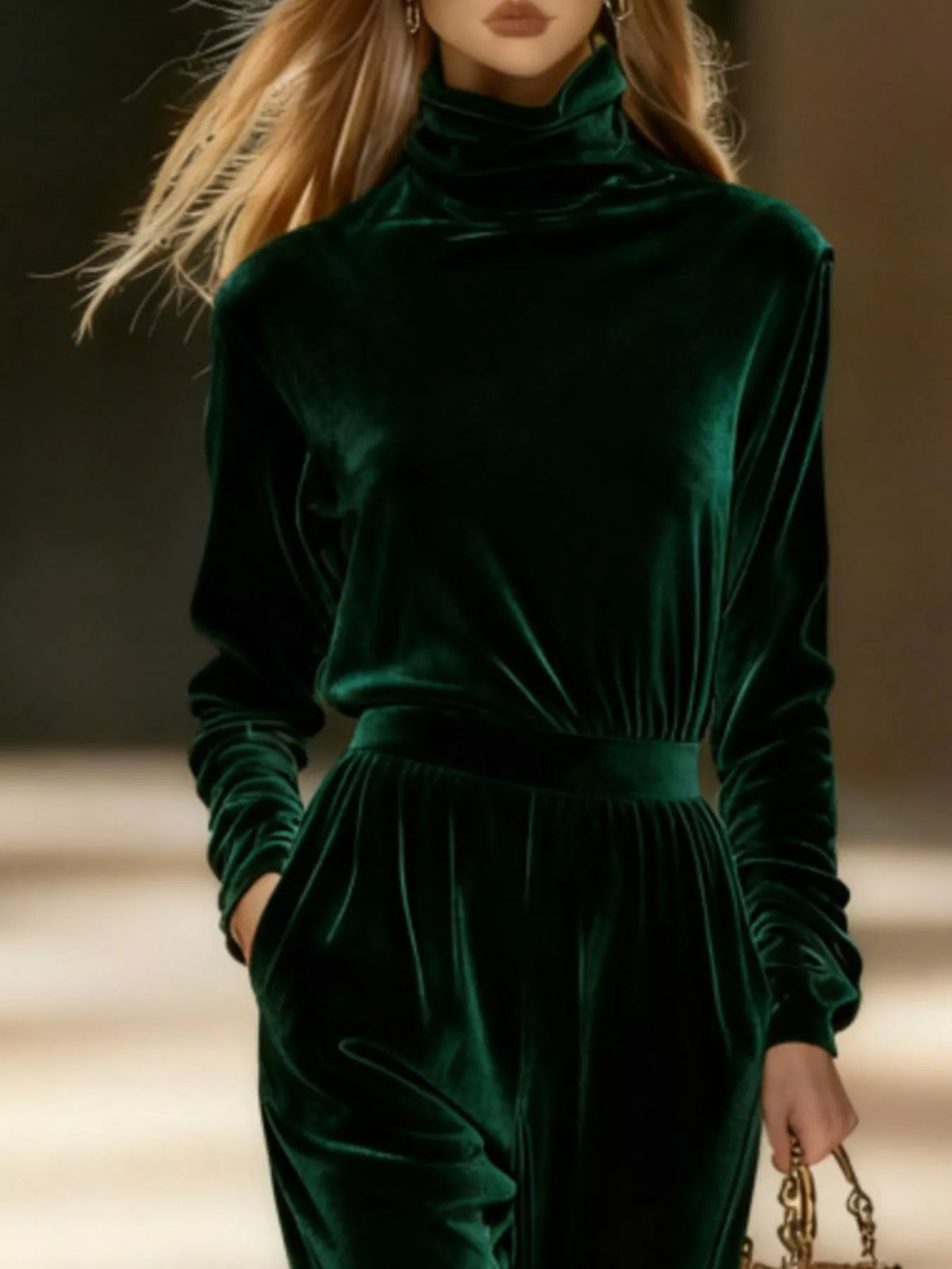 Full Size Velvet Turtleneck Long Sleeve Top and Wide-Leg Pants Set Plus Size