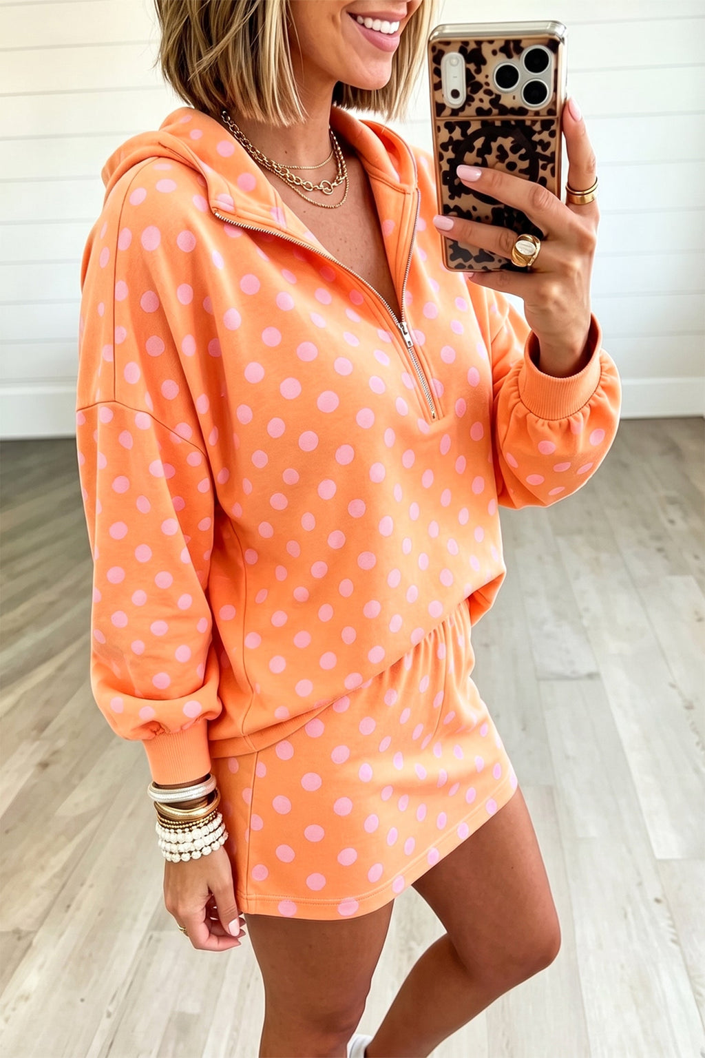 Pink Polka Dot Hooded Long Sleeve Top Casual Mini Skort Set
