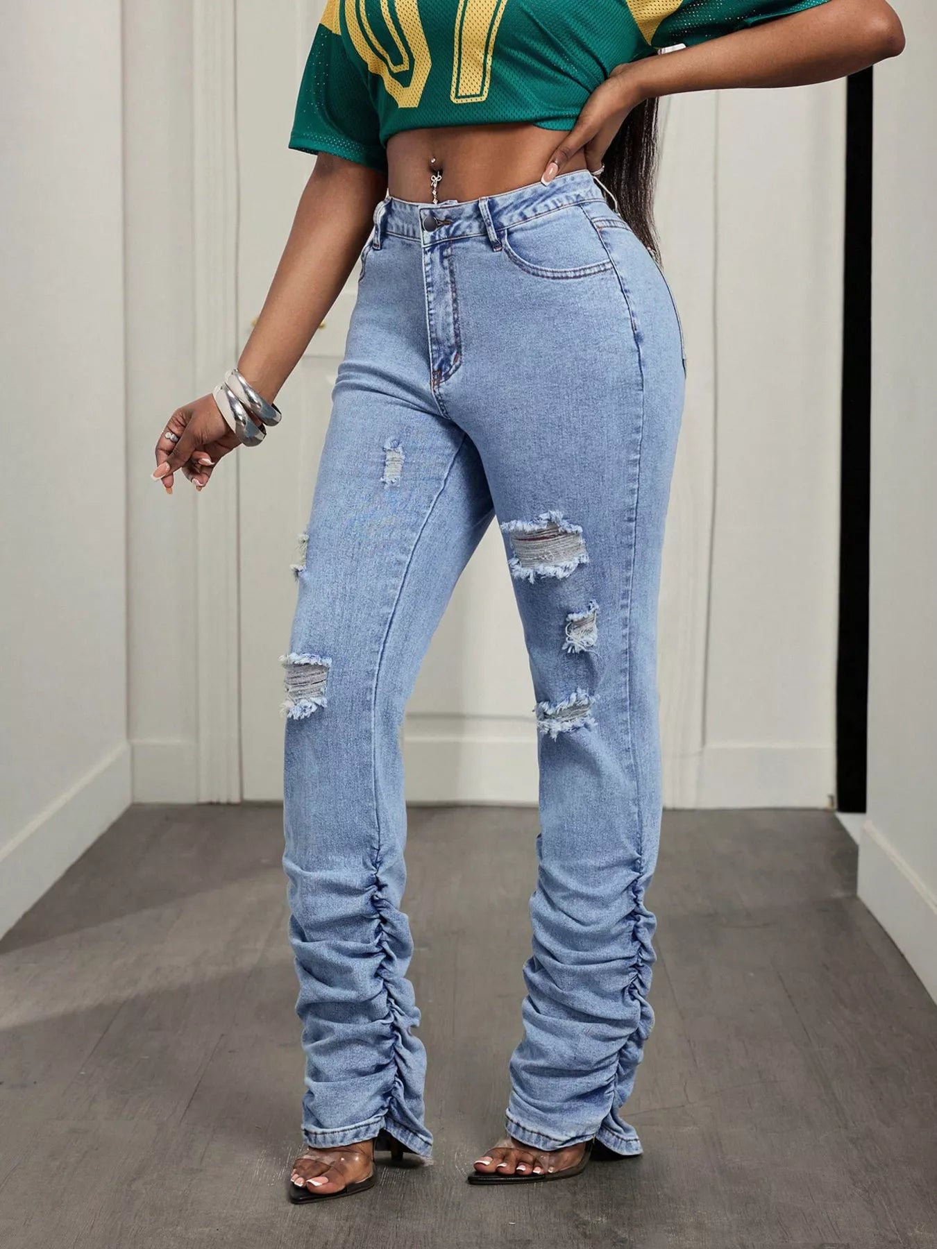 High-Waisted Distressed Stacked Hem Jeans