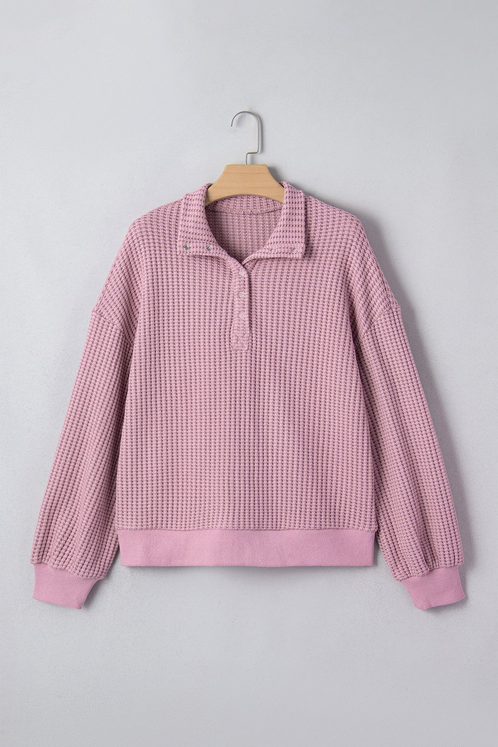Light Pink Solid Color Textured Snap Button Collared Baggy Top