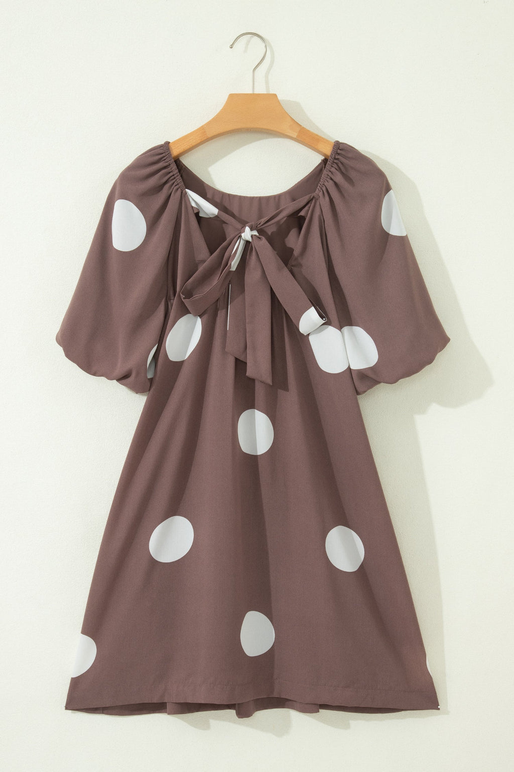 Brown Polka Dot Print Knot Back Short Puff Sleeve Loose Mini Dress