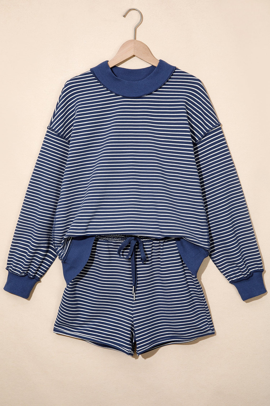 Blue Stripe Ribbed Patchwork Mock Neck Baggy Pullover Matching Shorts Set