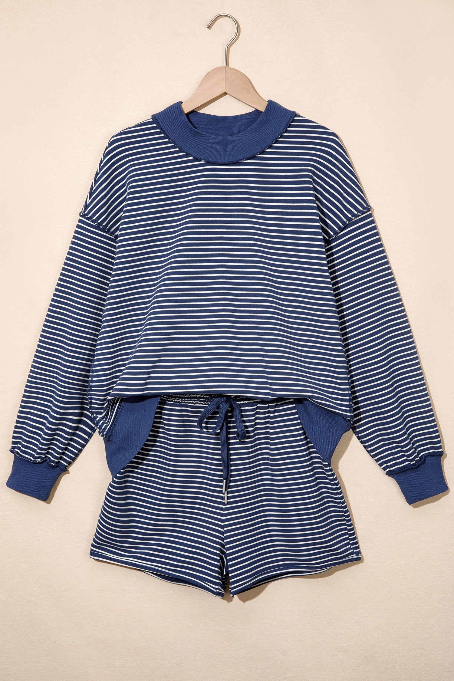 Blue Stripe Ribbed Patchwork Mock Neck Baggy Pullover Matching Shorts Set