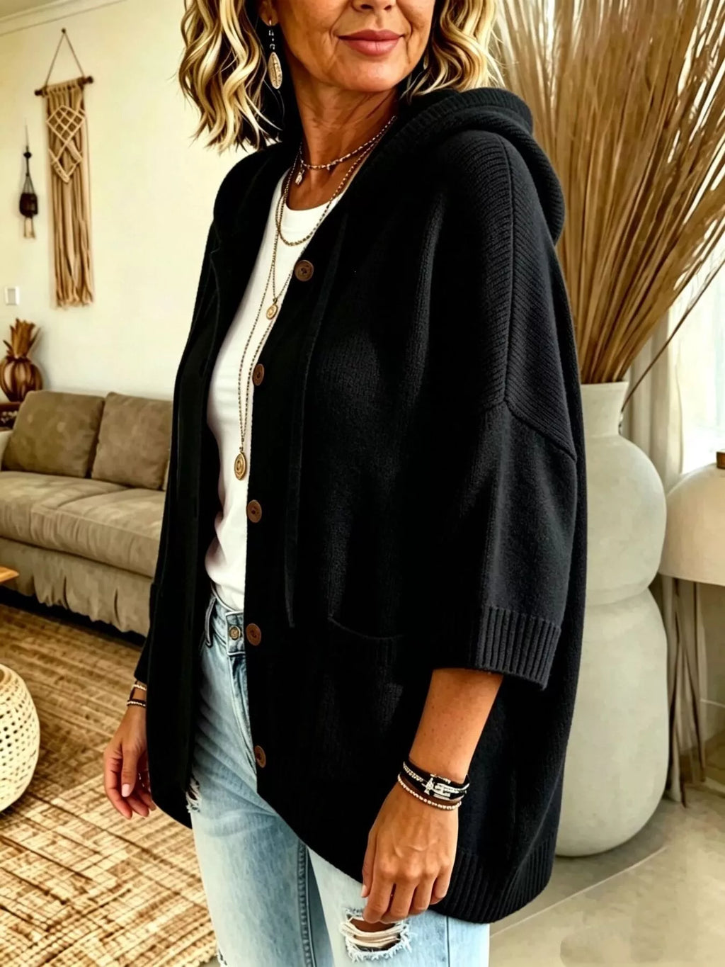 Full Size Hooded Button-Down Knit Cardigan Plus Size