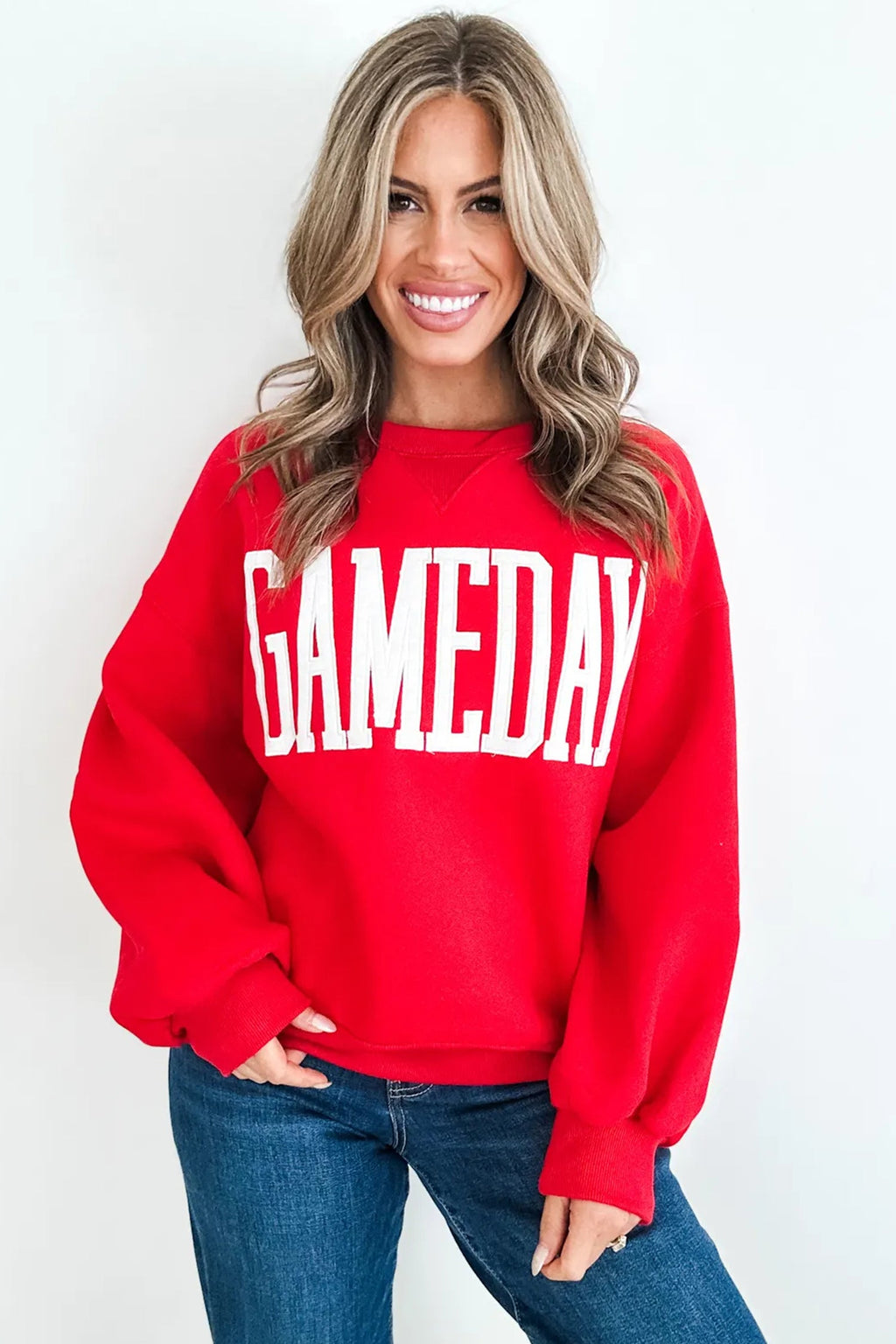 Fiery Red GAMEDAY Embroidered Patch Pattern Casual Shift Sweatshirt