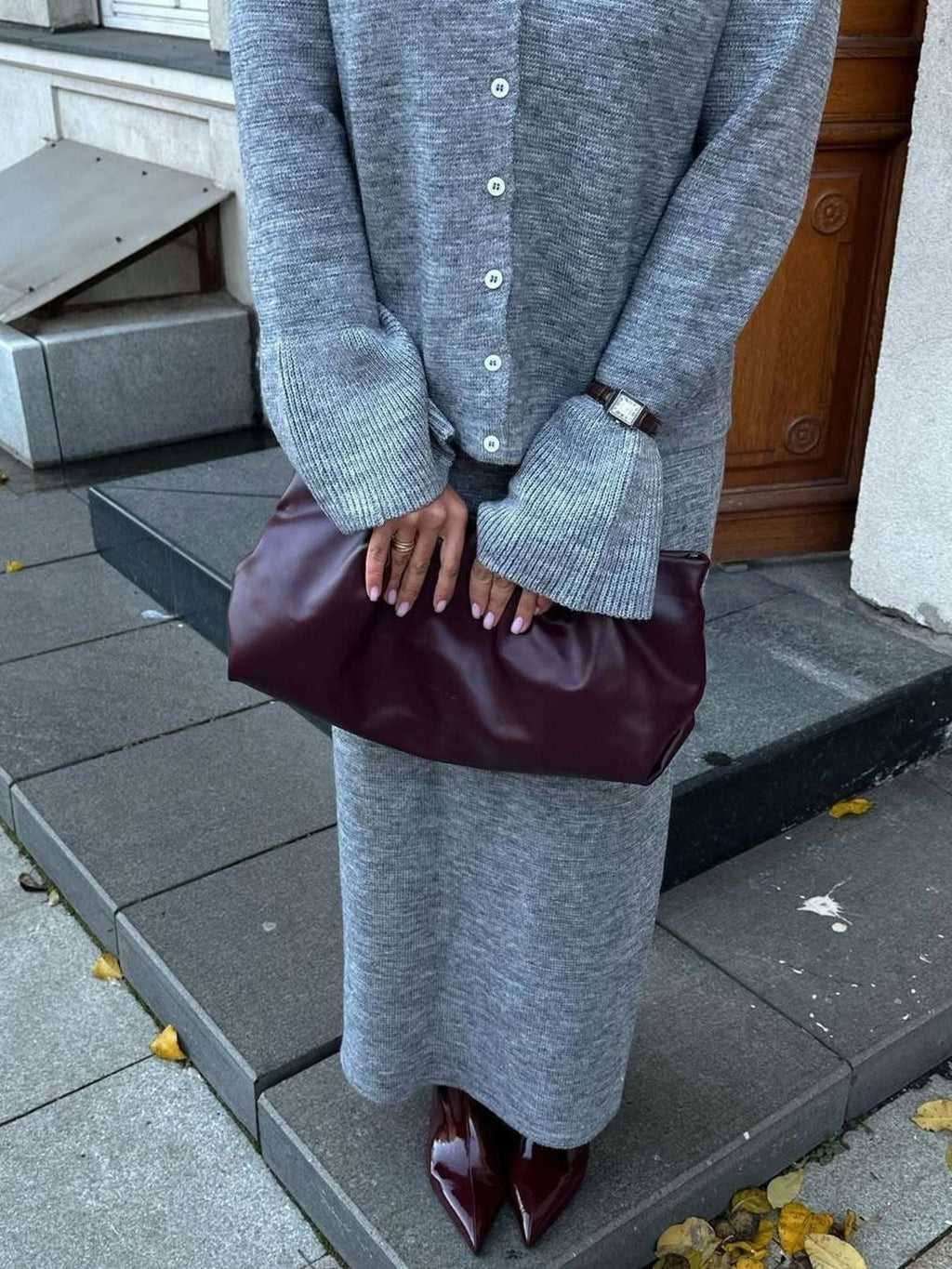 Button Down Long Sleeve Cardigan and Skirt Knit Set